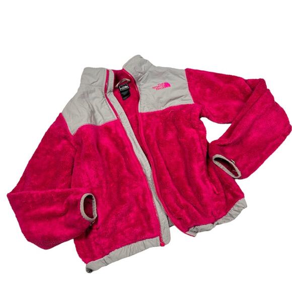 North Face Fleece Jacket Grey Pink Long Sleeve Girl's L 14-16 NO ZIPPER PULL - Picture 1 of 13